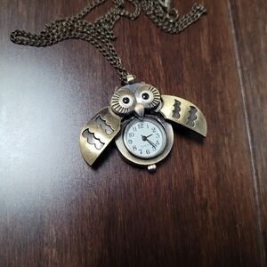 Antique Bronze Owl Necklace with Clock